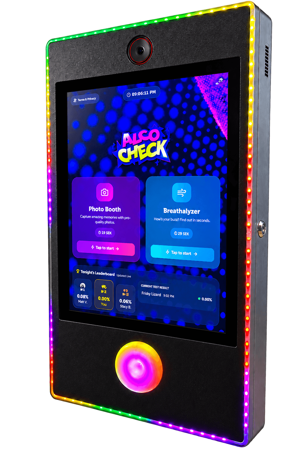 The Alcocheck kiosk — photo booth and breathalyzer on one touchscreen, ringed with RGB lighting
